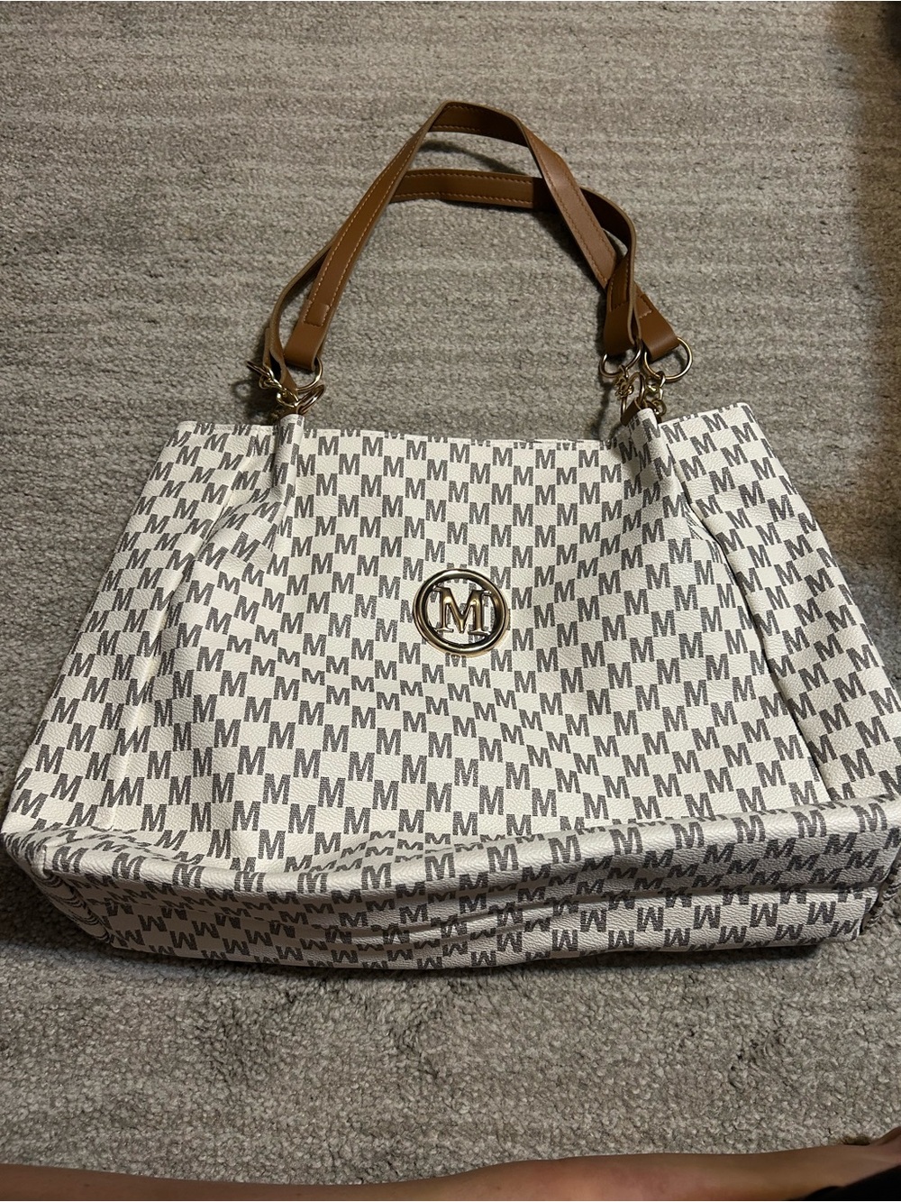 Monogram Cream and Brown Tote with Tan Handles